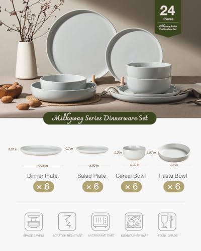 Famiware Milkyway 24-Piece Dinnerware Set with Pasta Bowls, Light Gray - Image 2