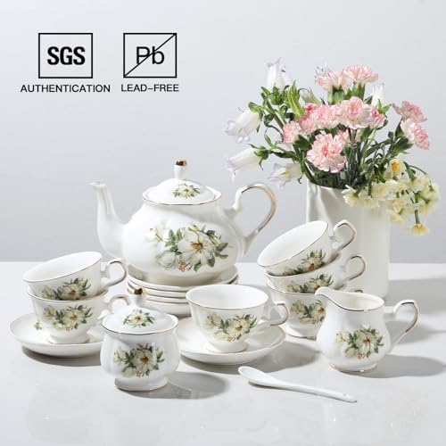 Sweejar Porcelain Tea Set Vintage Floral, British Relief Gold Rim Teapot Cup and Saucer Sets, 22-Piece Tea Sets for Adults, with Teapot, Sugar Bowl, Milk Jug, Spoons, Cup and Saucer (Camellia) - Image 3