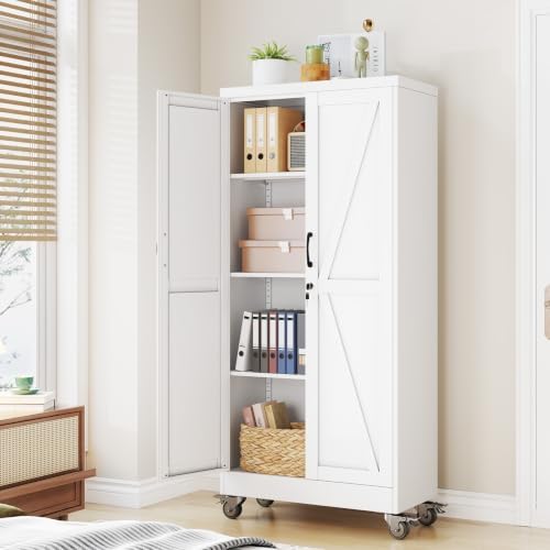 Metal Storage Cabinets with Wheels, Steel Tool Cabinets Lock Door and 3 Adjustable Shelves for Home Office, Garage, Kitchen (White, 61" H) - Image 7