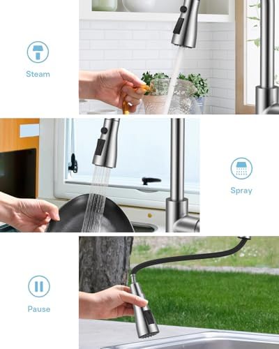 WEWE Kitchen Faucet with Soap Dispenser Set, Pull-Down, Brushed Nickel - Image 6