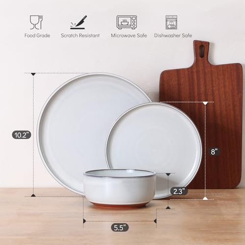 E-far Stoneware Dinnerware Sets for 8, 24 Pieces Reactive Glaze Plates and Bowls Sets, Elegant Dishes with Rustic Terracotta Clay Base, Dishwasher & Microwave Safe, Scratch Resistant, Glacier White - Image 2