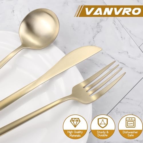 VANVRO Champagne Gold Silverware Set, 60-Piece Stainless Steel Flatware set,Matte Silverware Sets Service for 12, Tableware Cutlery Satin Finish Utensils for Kitchen,Dishwasher Safe - Image 4
