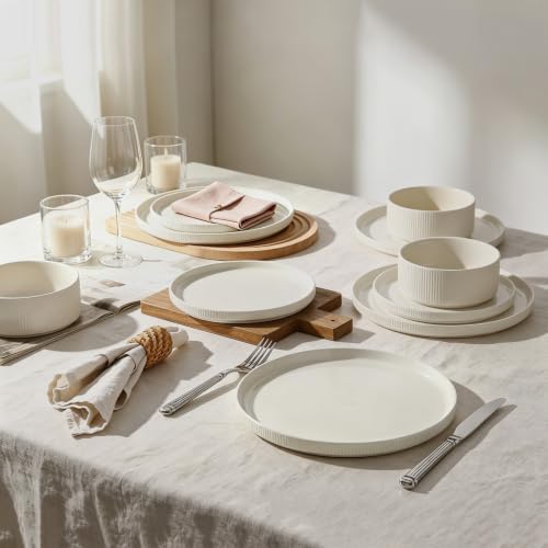Stoneware Dinnerware Sets for 4, 12Pcs Plates and Bowls Set, Cream White - Image 5