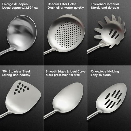 Izurok 18/10 Stainless Steel Kitchen Utensils Set,6 Piece Cooking Utensils With Wood Handle,Heat Resistant Kitchen Tool Set With Spatula, Spoon, Ladle, Skimmer, Slotted Spoon, Pasta - Image 4