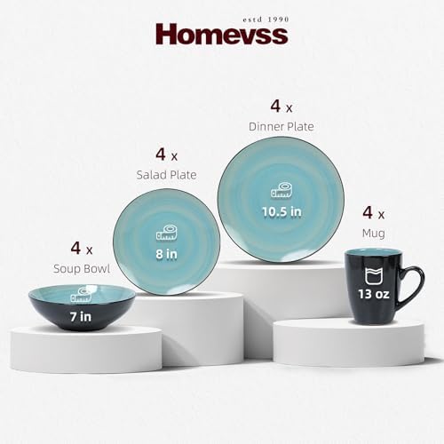 HomeVss, Stoneware Sonoma Dinnerware Set, Black + Speckled Spin Wash Turquoise - Image 2