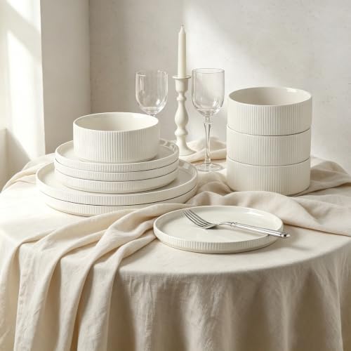 Stoneware Dinnerware Sets for 4, 12Pcs Plates and Bowls Set, Cream White - Image 2