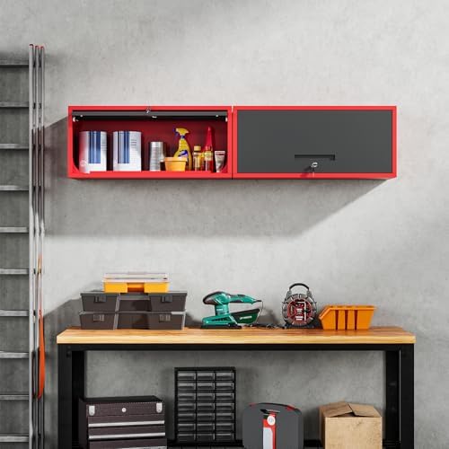 Yizosh Metal Wall Cabinet with Doors, Wall Mounted Storage Cabinet, Floating Tool Cabinet for Kitchen, Basement, Warehouse (Red Black, 13.7" H) - Image 2