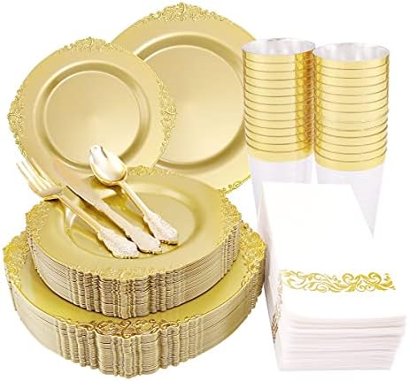 Morejoy 175PCS Solid Gold Plastic Plates with Gold Rim,Dinnerware plate Set by Morejoy