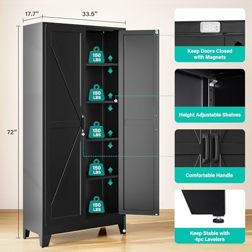 SISESOL 72" Tall Pantry Cabinet,Wide & Deep Farmhouse Kitchen Pantry Storage Cabinets with 2 Doors and 5 Shelves,Black Metal Storage Cabinet,Large Cupboard for Home,Kitchen,Dining/Living Room - Image 3