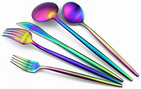 Matte Rainbow Silverware, Gugrida 5-Piece 18/10 Stainless Steel Flatware Set, Satin Finish Kitchen Utensils, Tableware Travel Cutlery for Camping, Office or School Lunch, Dishwasher Safe - Image 5