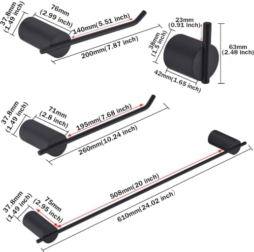 RANDOM Matte Black Bathroom Hardware Set 5 Pieces Include 24 inch Towel Bar Towel Rod Toilet Paper Holder Towel Hook for Bathroom,SUS304 Stainless Steel.RD96068S-5MB - Image 2