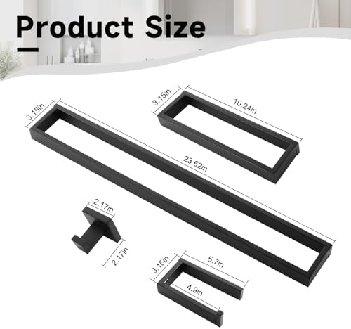 Black Towel Bar Set, 5-Pieces Bathroom Hardware Set,23.6 Inch Towel Rack Set Stainless Steel Towel Holder Set Wall-Mounted Bathroom Accessories - Image 6