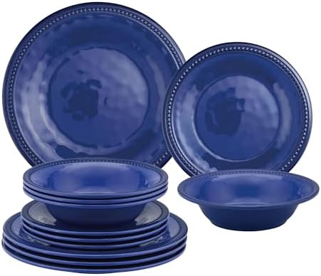 UPware 12 Piece Beaded Melamine Dinnerware Sets, Outdoor Dishes Set, Plates and Bowls Sets, Service for 4, Indigo Blue by UPware