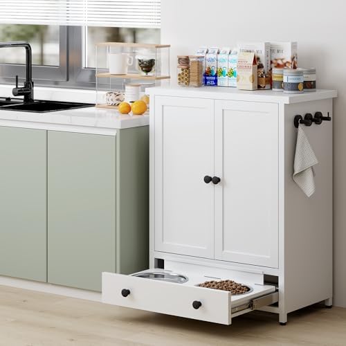 Dog Feeding Station with Storage, Metal Dog Food Storage Cabinet with 2 Elevated Bowls and 3 Hooks, Pet Feeding Station and Dogs Food Storage Organizer - Image 4