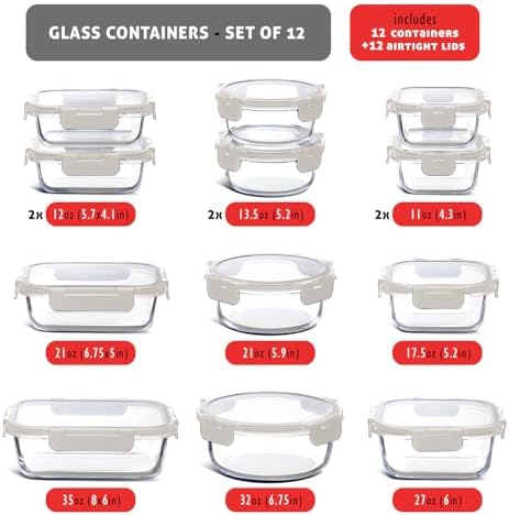 Nestl 24pc Glass Storage Containers with Lids, 12 Glass Food Storage Containers with 12 Airtight Lids for Pantry & Kitchen, Meal Prep Containers for Lunch, Oven Microwave & Dishwasher Safe, Cream - Image 3