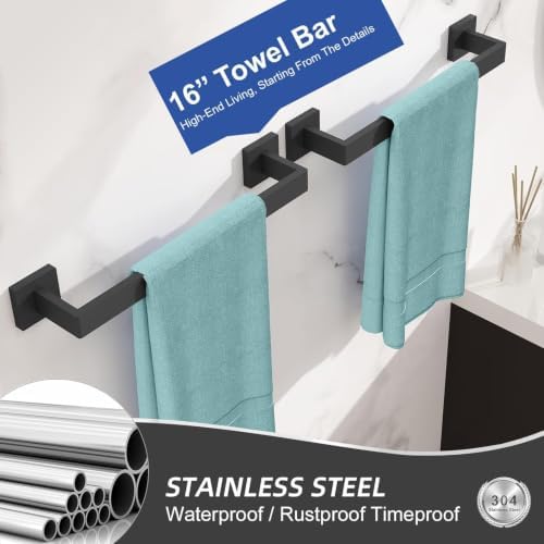 20-Pieces Bathroom Hardware Set Matte Black Bathroom Accessories Set SUS304 Towel Bar Set Includes 4 Towel Bar 16 Inch+4 Towel Holder+4 Toilet Paper Holder+8 Towel Hooks (20, Matte Black) - Image 4