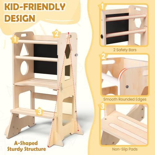 Toddler Standing Tower Anti-Tip Wooden Kitchen Step Stool，Nature - Image 2