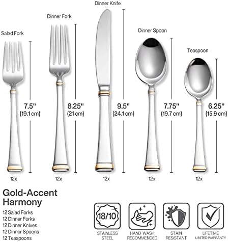 Mikasa Harmony 65-Piece Flatware Set for 12, 18/10 Stainless Steel Silverware with Gold Accent Handles, Service for 12 with Serving Utensils, Dishwasher Safe - Image 2