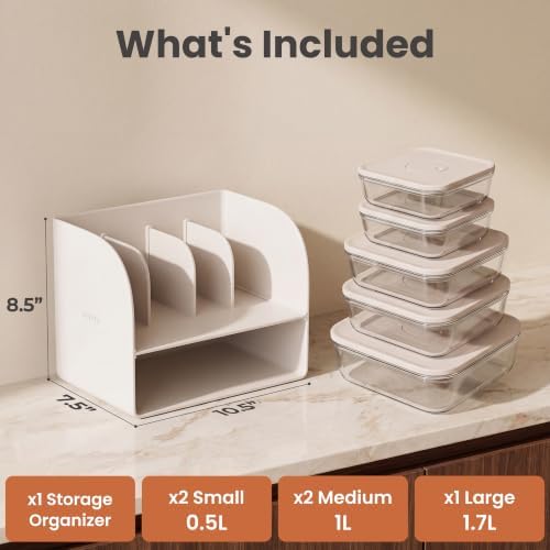 SMIRLY Glass Food Storage Containers with Lids & Organizer, 5-Pack (Cream) - Image 2