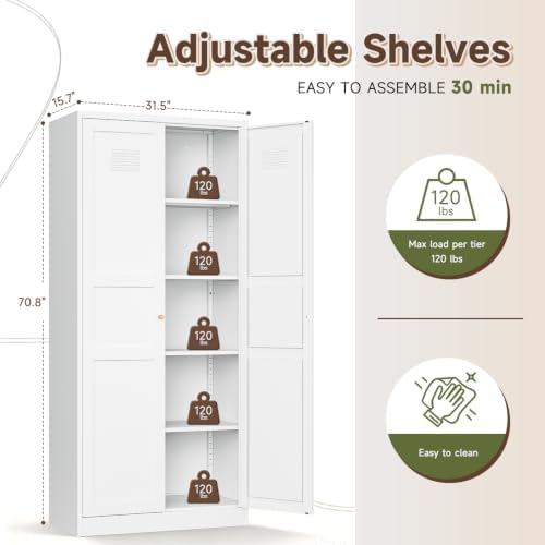Letaya White Storage Cabinet with Adjustable Shelves-Metal Home Kitchen Pantry Cabinets with Doors,Organization Locker for Cupboard/Bedroom/Dining/Living/Bathroom/Office/Garage Room - Image 3