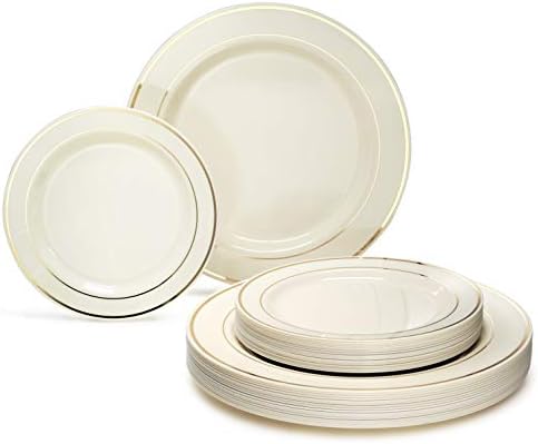 OCCASIONS 120 Plates Pack,(60 Guests) Heavyweight Premium Wedding Party Disposable Plastic Plates Set -60 x 10.5'' Dinner + 60 x 7.5'' Salad/Dessert (Ivory & Gold Rim) by OCCASIONSFINESTPLASTICTABLEWARE