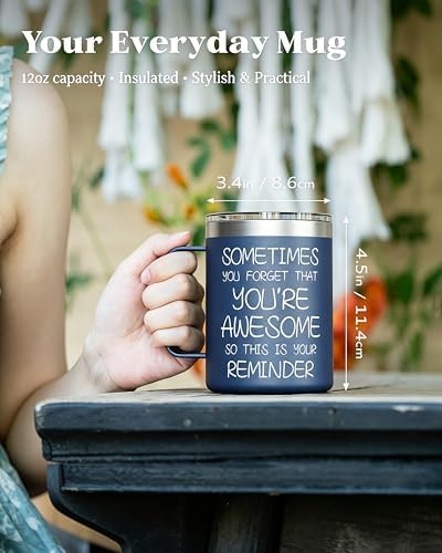 Inspirational Coffee Mug for Men, 12oz Insulated Stainless Steel Mug with Handle & 2 Lids – Sometimes You Forget You’re Awesome, Birthday & Appreciation Gift for Dad, Husband, Him, Navy Blue - Image 2