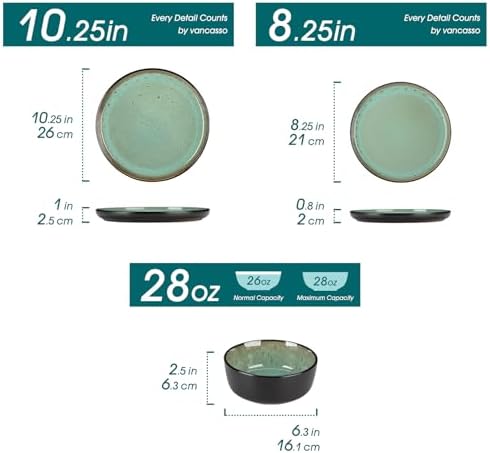 vancasso Plates and Bowls Sets, 18 Pieces Stoneware Dinnerware Sets for 6, Kitchen Dish Set Mircowave and Dishwasher Safe Ceramic Dishware, Turf Green, Series AMBER - Image 3
