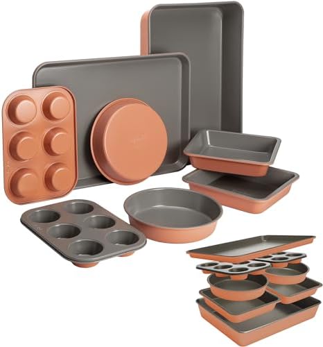 Goodful All-In-One Nonstick Bakeware Set, Stackable and Space Saving Design includes Round and Square Pans, Muffin Pans, Cookie Sheet and Roaster, Dishwasher Safe, 8-Piece, Terracotta by Goodful