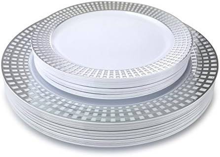 OCCASIONS 100 Plates Pack,(50 Guests) Premium Wedding Party Disposable Plastic Plates Set -50 x 10.25'' Dinner + 50 x 7.5'' Salad/Dessert (Princess White/Silver) - Image 3