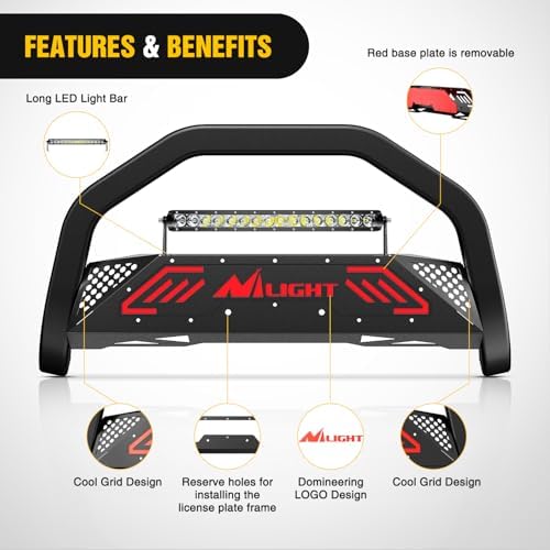 Nilight Bull Bar with LED Light Bar for Ford Ranger 2019-2023 | Includes License Plate Hole Brush Guard, Front Bumper Push Bar w/Grille Skid Plate Light Mount - Image 3