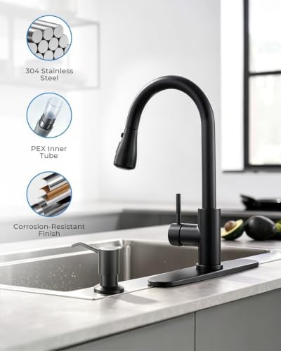 VFAUOSIT Kitchen Faucet with Pull Down Sprayer and Soap Dispenser, Black - Image 5