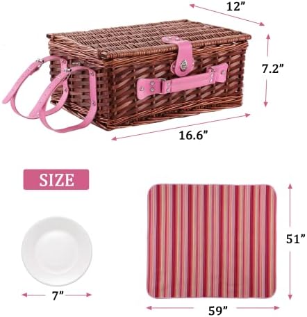 Wicker Picnic Basket for 4 with Waterproof Picnic Blanket and Insulated Cooler, Willow Hamper for Camping, Outdoors, Photoshoot, or a Birthday, Valentine’s Day, Wedding Gift, Pink - Image 3