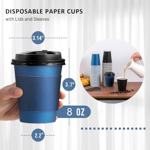 SIUQ 100 Pack 8 oz Disposable Paper Coffee Cups with Lids, Black & Blue - Image 3