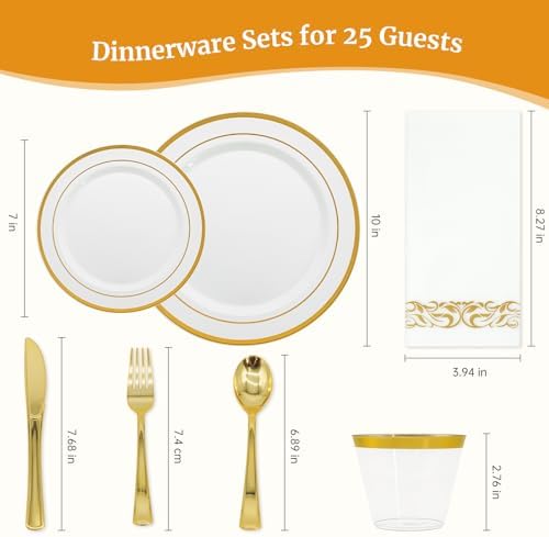 AIRE Gold White Plastic Plates Set, 175PCS Disposable Dinnerware for 25 - Image 2