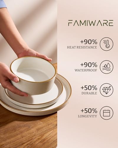 Famiware Nebula 12-Piece Dinnerware Set, Matte Beige White with Brown Rim - Image 5