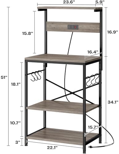 SUPERJARE Kitchen Bakers Rack with Power Outlet, Coffee Bar Table 4 Tiers, Kitchen Microwave Stand with 6 S-shaped Hooks, Kitchen Storage Shelf Rack for Spices, Pots and Pans - Greige - Image 7