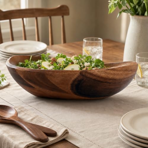 Arthur Court Wave Pattern Large Acacia Wood Salad Bowl - Modern Centerpiece for Fruits and Salads - 19 x 12 x 4 Inches - Image 5