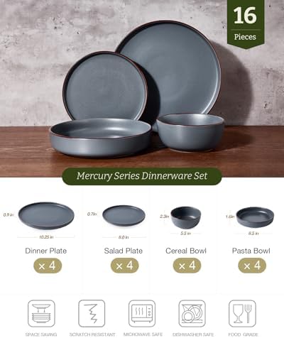 Famiware Mercury 16-Piece Dinnerware Set with Pasta Bowls, Charcoal - Image 2
