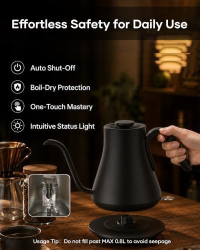 Cocinare Gooseneck Electric Kettle 0.8L, Fast Boil Pour Over Coffee, Tea - Image 6
