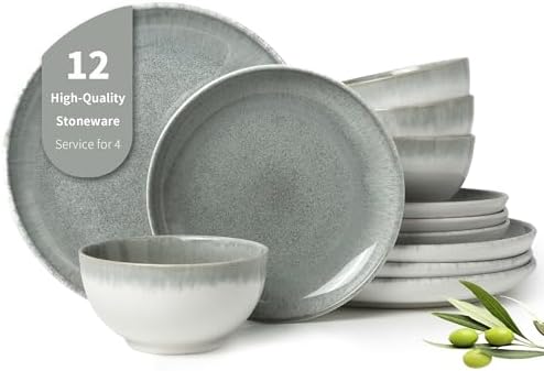 Pokini Stoneware Dinnerware Sets for 4, 12pcs Plates and Bowls Sets Dishes by Pokini