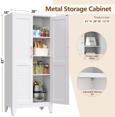61" H Storage Cabinet, Freestanding Kitchen Pantry Cabinet with Louvered Doors, Adjustable Shelves Tall Kitchen Cabinet for Kitchen Dining Room Laundry Room, 61" H x28 W x14 D, White - Image 2