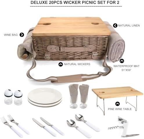 Multifunctional Wicker Picnic Basket Set for 2 with Blanket and Picnic Table, Insulated Picnic Set with Full Tablewares for Camping Outdoor Couples, Flowers - Image 6