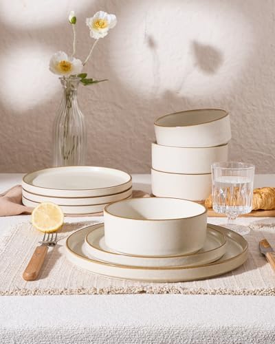 Famiware Nebula 12-Piece Dinnerware Set, Matte Beige White with Brown Rim - Image 4