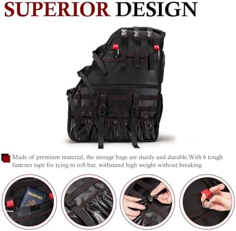 BUNKER INDUST 2 Pcs Roll Bar Storage Bag for 1997-2023 Jeep Wrangler JK TJ LJ & Unlimited JL 4-Door,Multi-Pockets Cargo Bag Saddlebag Tool Organizer,Black - Image 2