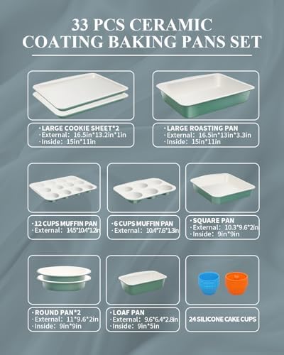 Ceramic Nonstick Baking Pans Set, Non Toxic 33 PCS Stackable Bakeware Sets, 550°F Oven Safe Baking Sheet & Pans, Warp-Free, Dishwasher Safe, PTFE/PFOA/PFOS-Free (Green) - Image 6