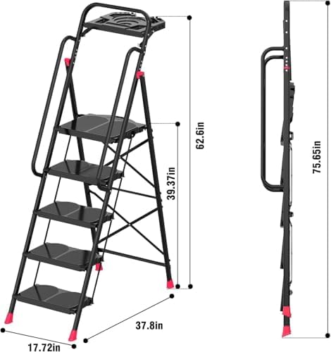5 Step Foldable Step Ladder Stool with Roomy Tool Tray and Secure Handrail, Foldable Platform Ladder 5 Step Folding Stepstools with Wide Pedals and 800lbs Weight Capacity for Adults, Home, Kitchen - Image 2