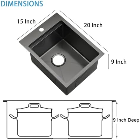 VAPSINT 15x20 Inch Black Drop In Bar Sink Workstation, 15x20x9 Inch Topmount T304 Stainless Steel Small Kitchen Bar Sink, Handmade Gunmetal Single Bowl for Wet Prep RV Outdoor with Accessories - Image 5