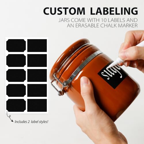 4 Piece Airtight Ceramic Canister Set With Attached Wooden Spoon Reusable Chalk Labels For Dry Goods Sugar Coffee Tea Kitchen Storage Use (Brown) - Image 2