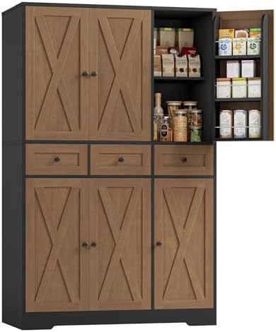 HOSTACK 67"H Farmhouse Kitchen Pantry Storage Cabinet with 3 Drawers, Brown by HOSTACK