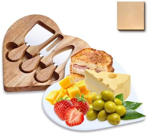 8.2" Valentine Heart-Shaped Acacia Wood Cheese & Charcuterie Board with 360° Rotating Marble Lid and Cheese Utensil Set (Spade, Knife, Fork) - Housewarming, Birthday & Wedding Gift by Unknown